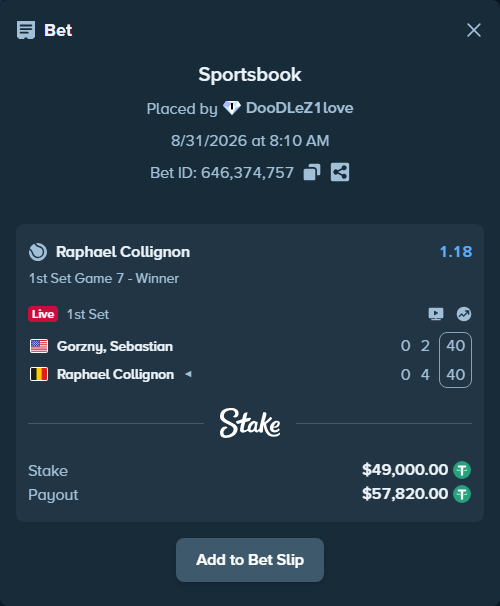 Bet slip: Gorzny, Sebastian - Raphael Collignon, $49,000.00 stake at 1.18 odds, placed by DooDLeZ1love