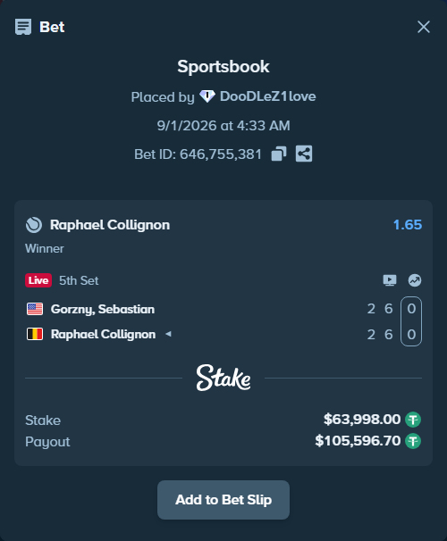 Bet slip: Gorzny, Sebastian - Raphael Collignon, $63,998.00 stake at 1.65 odds, placed by DooDLeZ1love