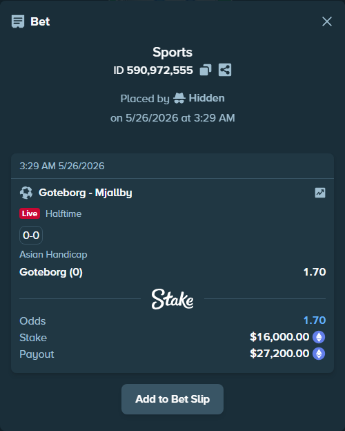 Bet slip: Goteborg - Mjallby, $13,025.44 stake at 1.70 odds, placed by Hidden
