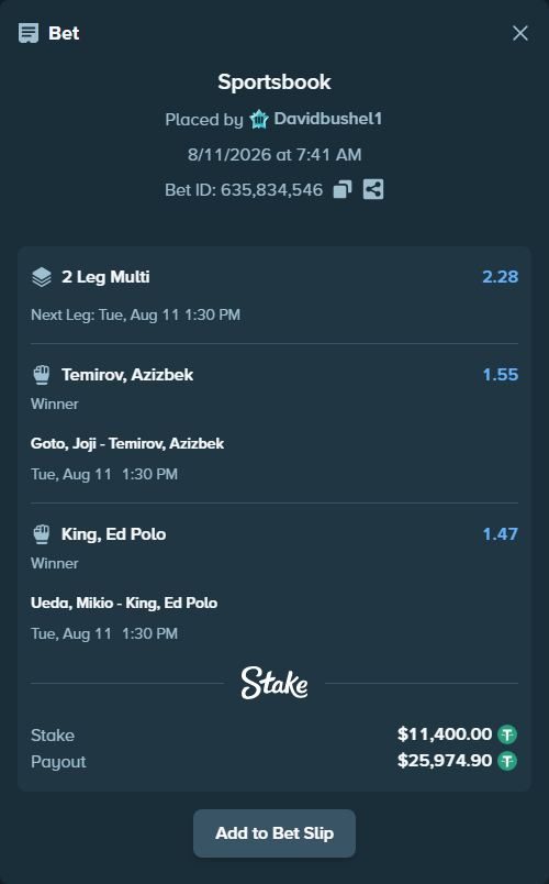 Bet slip: Goto, Joji - Temirov, Azizbek, $11,411.40 stake at 1.55 odds, placed by Davidbushel1