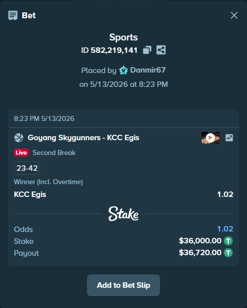 Bet slip: Goyang Skygunners - KCC Egis, $36,000.00 stake at 1.02 odds, placed by Danmir67