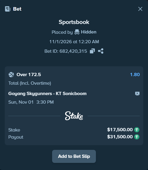 Bet slip: Goyang Skygunners - KT Sonicboom, $17,517.50 stake at 1.80 odds, placed by Hidden