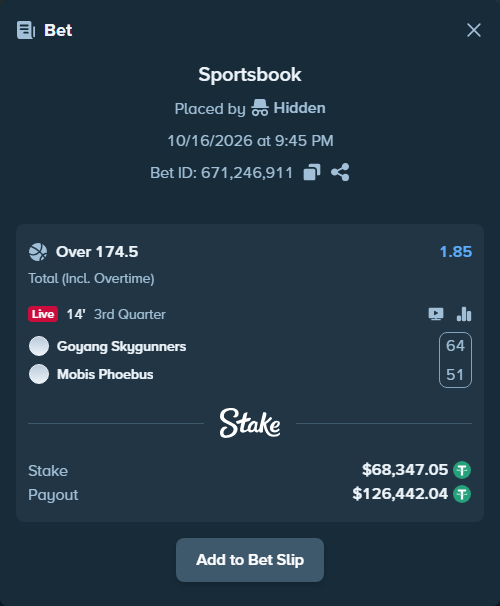 Bet slip: Goyang Skygunners - Mobis Phoebus, $68,415.39 stake at 1.85 odds, placed by Hidden