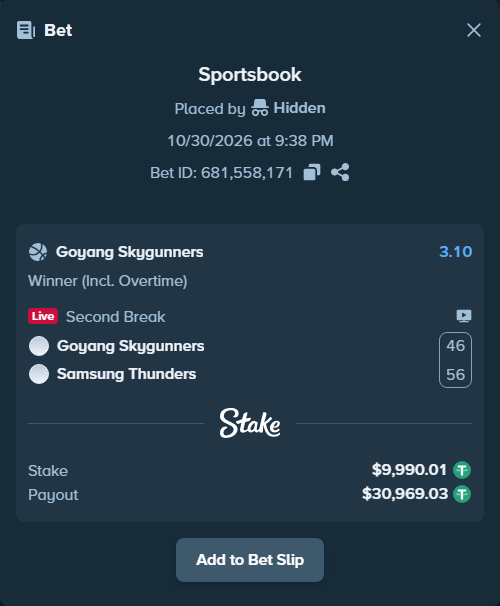 Bet slip: Goyang Skygunners - Samsung Thunders, $10,000.00 stake at 3.10 odds, placed by Hidden