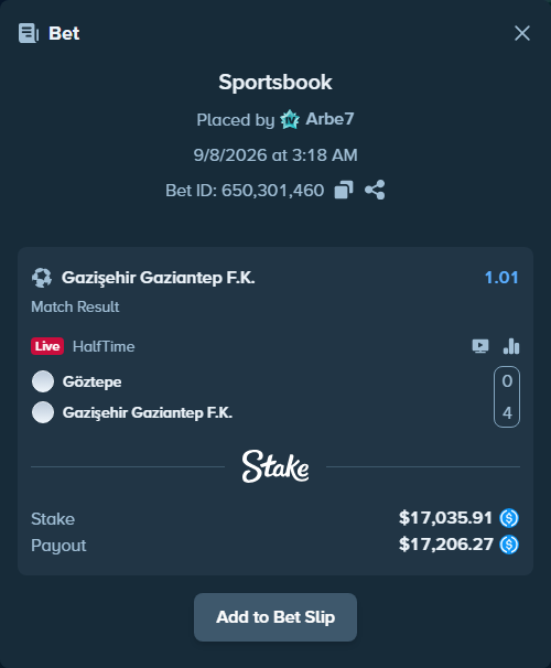 Bet slip: Goztepe - Gaziantep FK, $17,035.91 stake at 1.01 odds, placed by Arbe7