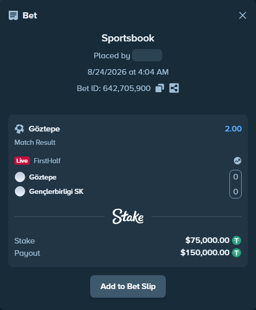 Bet slip: Göztepe - Gençlerbirligi SK, $74,992.50 stake at 2.00 odds, placed by partizanti22