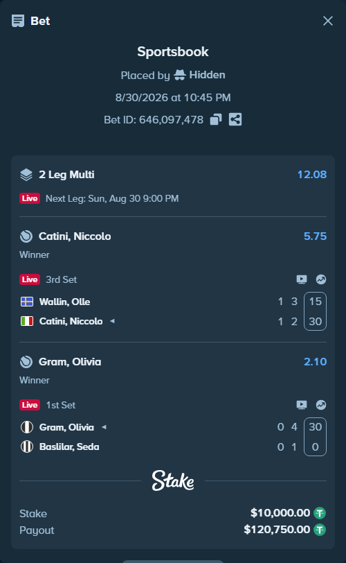 Bet slip: Gram, Olivia - Baslilar, Seda, $10,000.00 stake at 2.10 odds, placed by Hidden