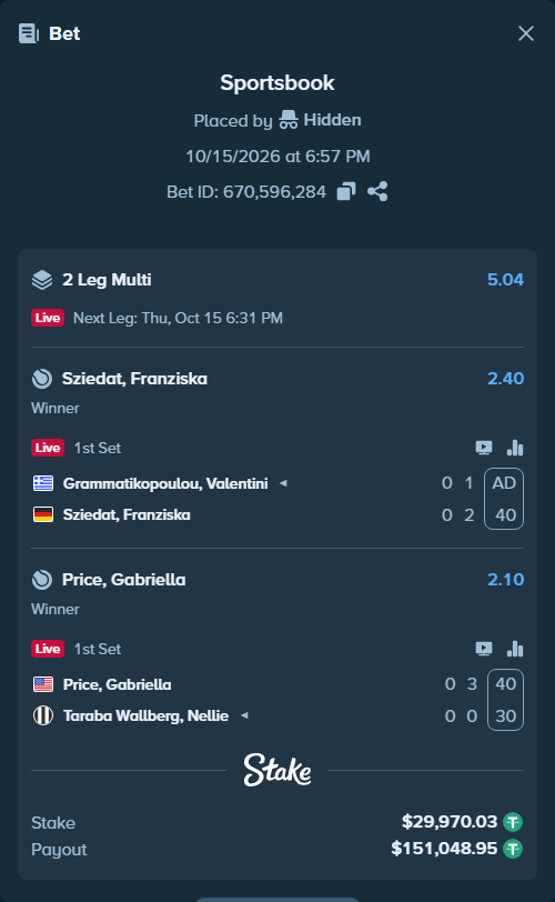 Bet slip: Grammatikopoulou, Valentini - Sziedat, Franziska, $30,000.00 stake at 2.40 odds, placed by Hidden