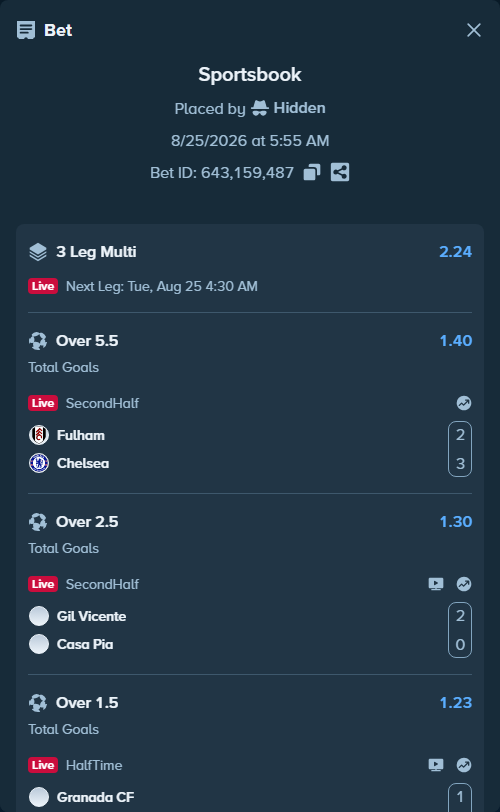 Bet slip: Granada CF - Real Mallorca, $100,000.00 stake at 1.23 odds, placed by Hidden