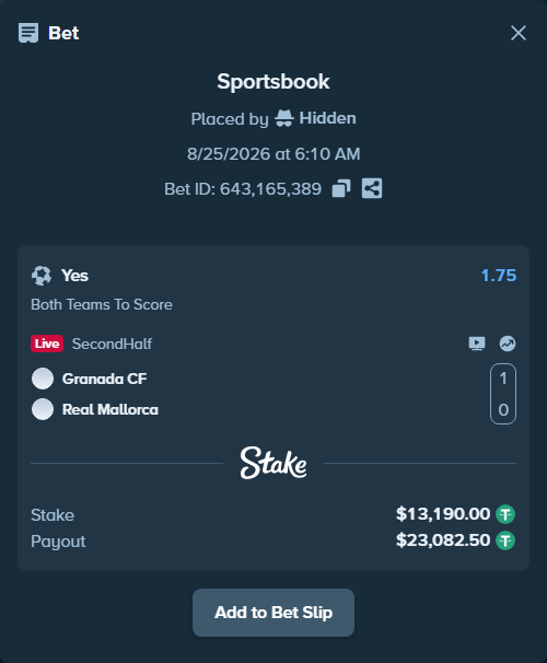 Bet slip: Granada CF - Real Mallorca, $13,190.00 stake at 1.75 odds, placed by Hidden