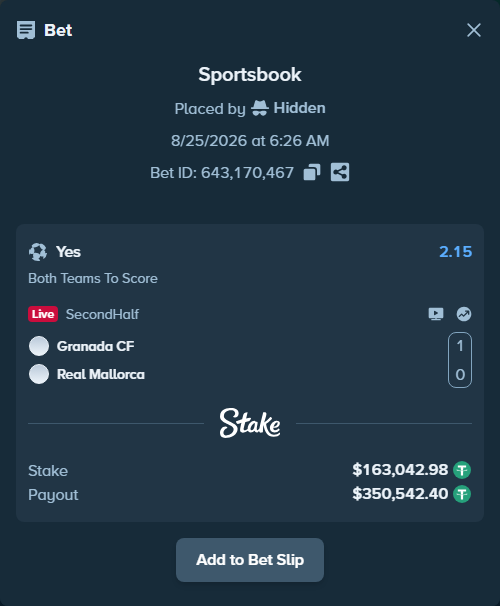 Bet slip: Granada CF - Real Mallorca, $163,042.98 stake at 2.15 odds, placed by Hidden