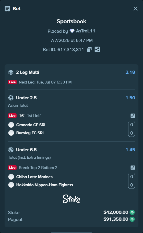 Bet slip: Granada CF SRL - Burnley FC SRL, $42,042.00 stake at 1.50 odds, placed by AsTraL11