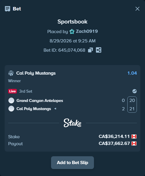 Bet slip: Grand Canyon Antelopes - Cal Poly Mustangs, $26,798.44 stake at 1.04 odds, placed by Zach0919
