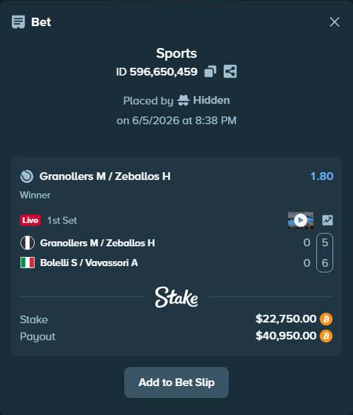 Bet slip: Granollers M / Zeballos H - Bolelli S / Vavassori A, $23,416.12 stake at 1.80 odds, placed by Hidden