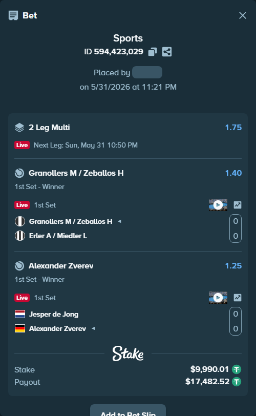 Bet slip: Granollers M / Zeballos H - Erler A / Miedler L, $10,000.00 stake at 1.40 odds, placed by Yarmola999