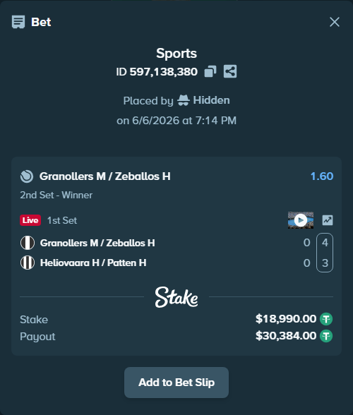 Bet slip: Granollers M / Zeballos H - Heliovaara H / Patten H, $18,990.00 stake at 1.60 odds, placed by WinTr10