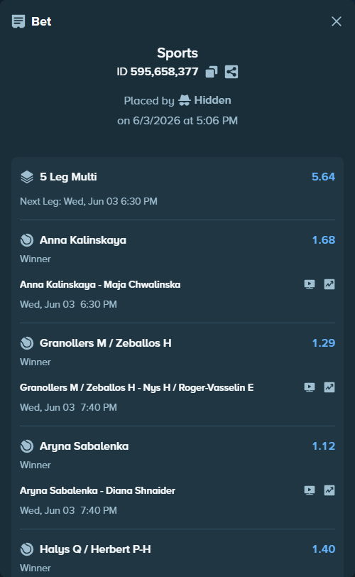 Bet slip: Granollers M / Zeballos H - Nys H / Roger-Vasselin E, $15,015.00 stake at 1.29 odds, placed by Hidden