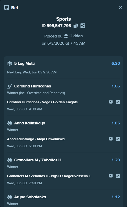 Bet slip: Granollers M / Zeballos H - Nys H / Roger-Vasselin E, $20,020.00 stake at 1.29 odds, placed by Hidden