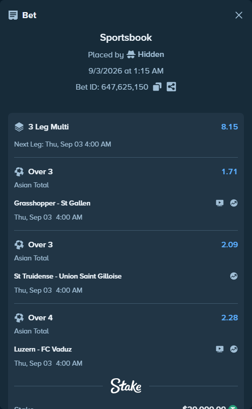 Bet slip: Grasshopper - St Gallen, $20,000.00 stake at 1.71 odds, placed by Hidden