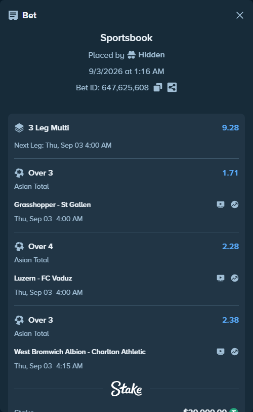 Bet slip: Grasshopper - St Gallen, $20,000.00 stake at 1.71 odds, placed by Hidden
