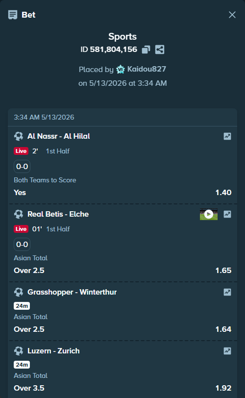 Bet slip: Grasshopper - Winterthur, $23,469.00 stake at 1.64 odds, placed by Kaidou827