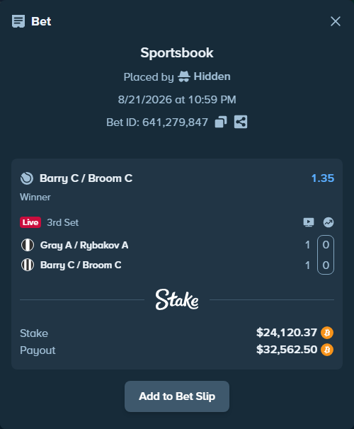 Bet slip: Gray A / Rybakov A - Barry C / Broom C, $24,171.17 stake at 1.35 odds, placed by Hidden
