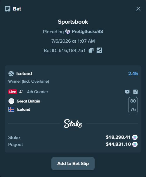 Bet slip: Great Britain - Iceland, $18,232.01 stake at 2.45 odds, placed by Prettylfacko98