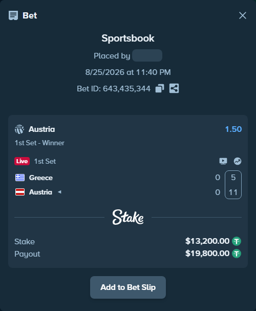 Bet slip: Greece - Austria, $13,200.00 stake at 1.50 odds, placed by levsakerman11