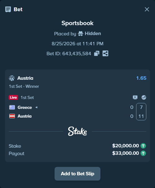 Bet slip: Greece - Austria, $20,000.00 stake at 1.65 odds, placed by Hidden