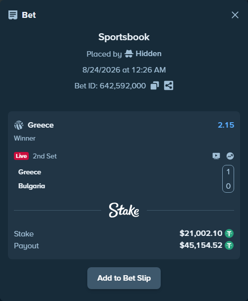 Bet slip: Greece - Bulgaria, $21,000.00 stake at 2.15 odds, placed by Hidden