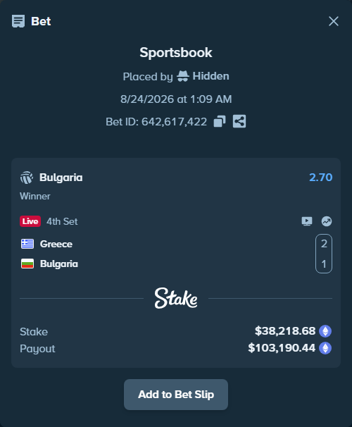 Bet slip: Greece - Bulgaria, $38,484.98 stake at 2.70 odds, placed by Hidden