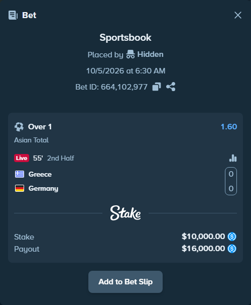Bet slip: Greece - Germany, $10,000.00 stake at 1.60 odds, placed by Hidden