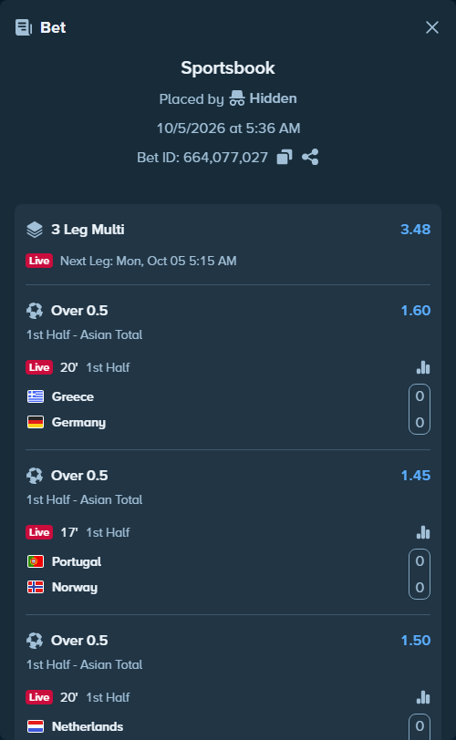 Bet slip: Greece - Germany, $100,000.00 stake at 1.60 odds, placed by Hidden