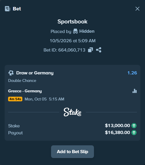 Bet slip: Greece - Germany, $13,000.00 stake at 1.26 odds, placed by 20dg20