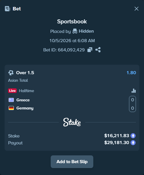 Bet slip: Greece - Germany, $16,371.00 stake at 1.80 odds, placed by dec0der