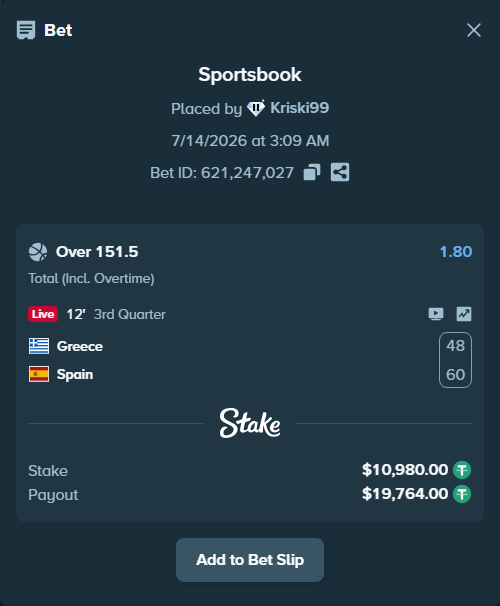 Bet slip: Greece - Spain, $10,990.98 stake at 1.80 odds, placed by Kriski99