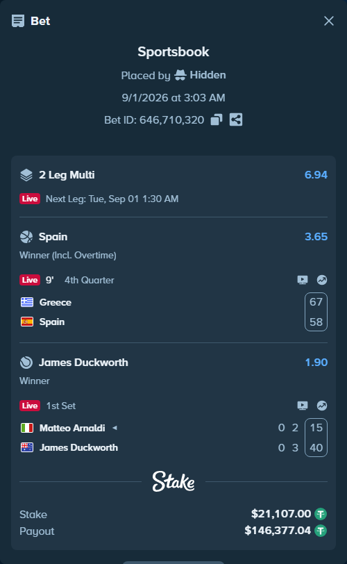 Bet slip: Greece - Spain, $21,107.00 stake at 3.65 odds, placed by Hidden
