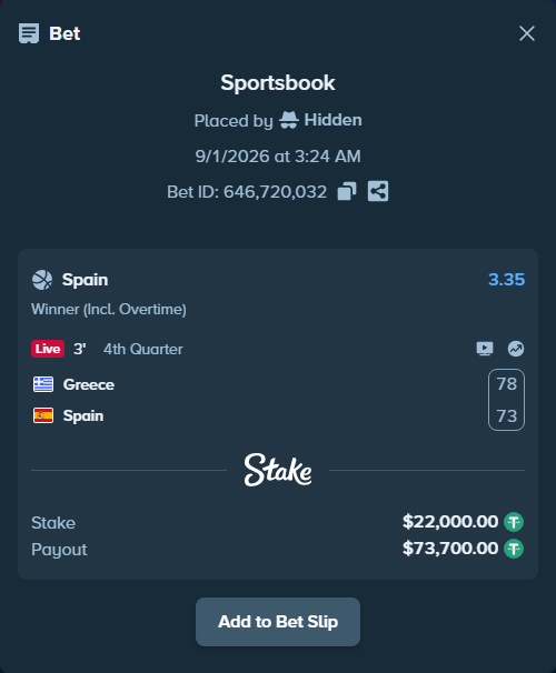 Bet slip: Greece - Spain, $22,000.00 stake at 3.35 odds, placed by Hidden