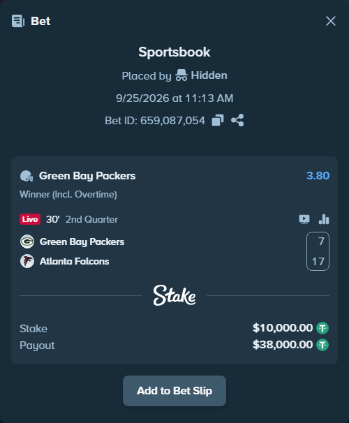 Bet slip: Green Bay Packers - Atlanta Falcons, $10,000.00 stake at 3.80 odds, placed by jarosbet