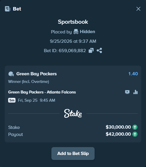 Bet slip: Green Bay Packers - Atlanta Falcons, $30,000.00 stake at 1.40 odds, placed by dvento