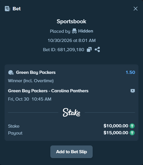 Bet slip: Green Bay Packers - Carolina Panthers, $10,010.00 stake at 1.50 odds, placed by Bigfoltz