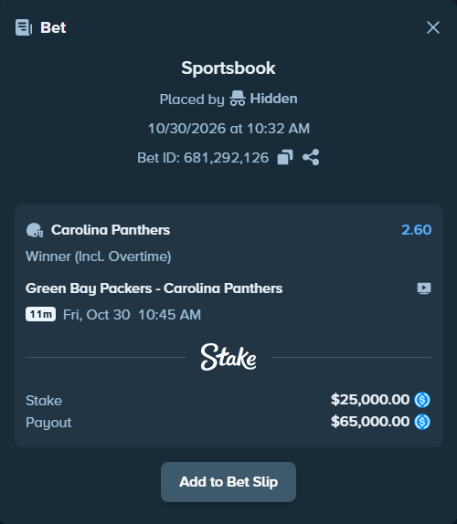 Bet slip: Green Bay Packers - Carolina Panthers, $25,000.00 stake at 2.60 odds, placed by Tommypickles0