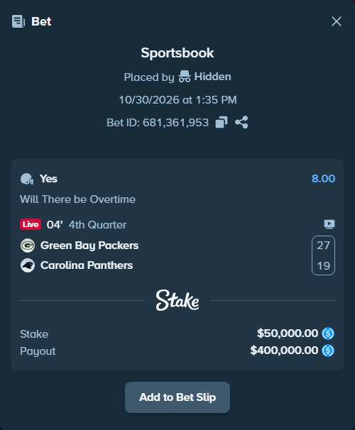 Bet slip: Green Bay Packers - Carolina Panthers, $50,000.00 stake at 8.00 odds, placed by Hidden
