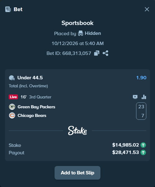 Bet slip: Green Bay Packers - Chicago Bears, $15,000.00 stake at 1.90 odds, placed by BetlikeaKing