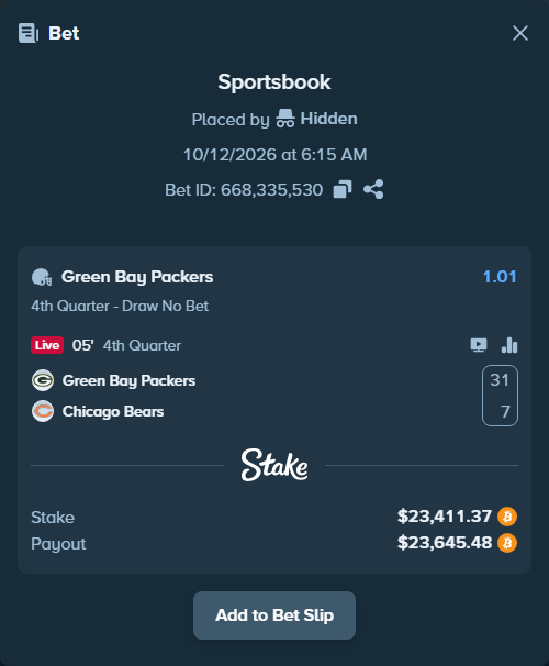 Bet slip: Green Bay Packers - Chicago Bears, $23,378.88 stake at 1.01 odds, placed by Hidden