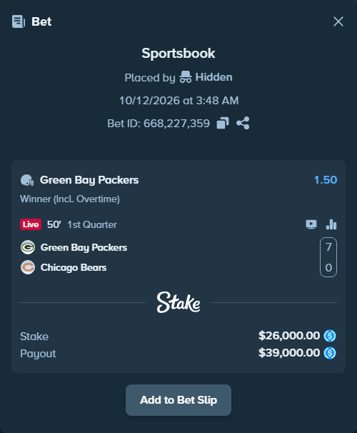 Bet slip: Green Bay Packers - Chicago Bears, $26,000.00 stake at 1.50 odds, placed by Hidden