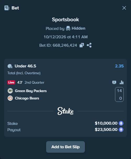 Bet slip: Green Bay Packers - Chicago Bears, $9,998.97 stake at 2.35 odds, placed by Jollysea