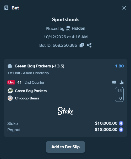 Bet slip: Green Bay Packers - Chicago Bears, $9,957.42 stake at 1.80 odds, placed by Jollysea