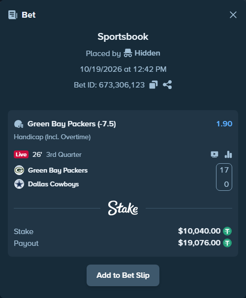 Bet slip: Green Bay Packers - Dallas Cowboys, $10,050.04 stake at 1.90 odds, placed by Hidden