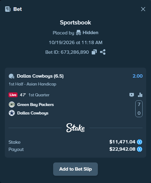 Bet slip: Green Bay Packers - Dallas Cowboys, $11,471.04 stake at 2.00 odds, placed by Hidden